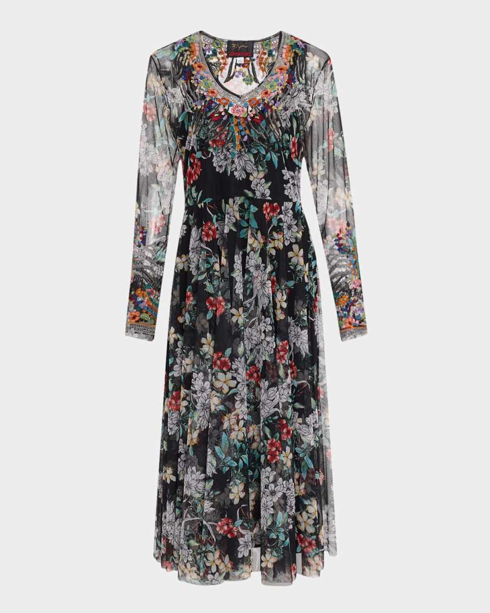 Mazzy Embroidered Floral-Print Mesh Midi Dress